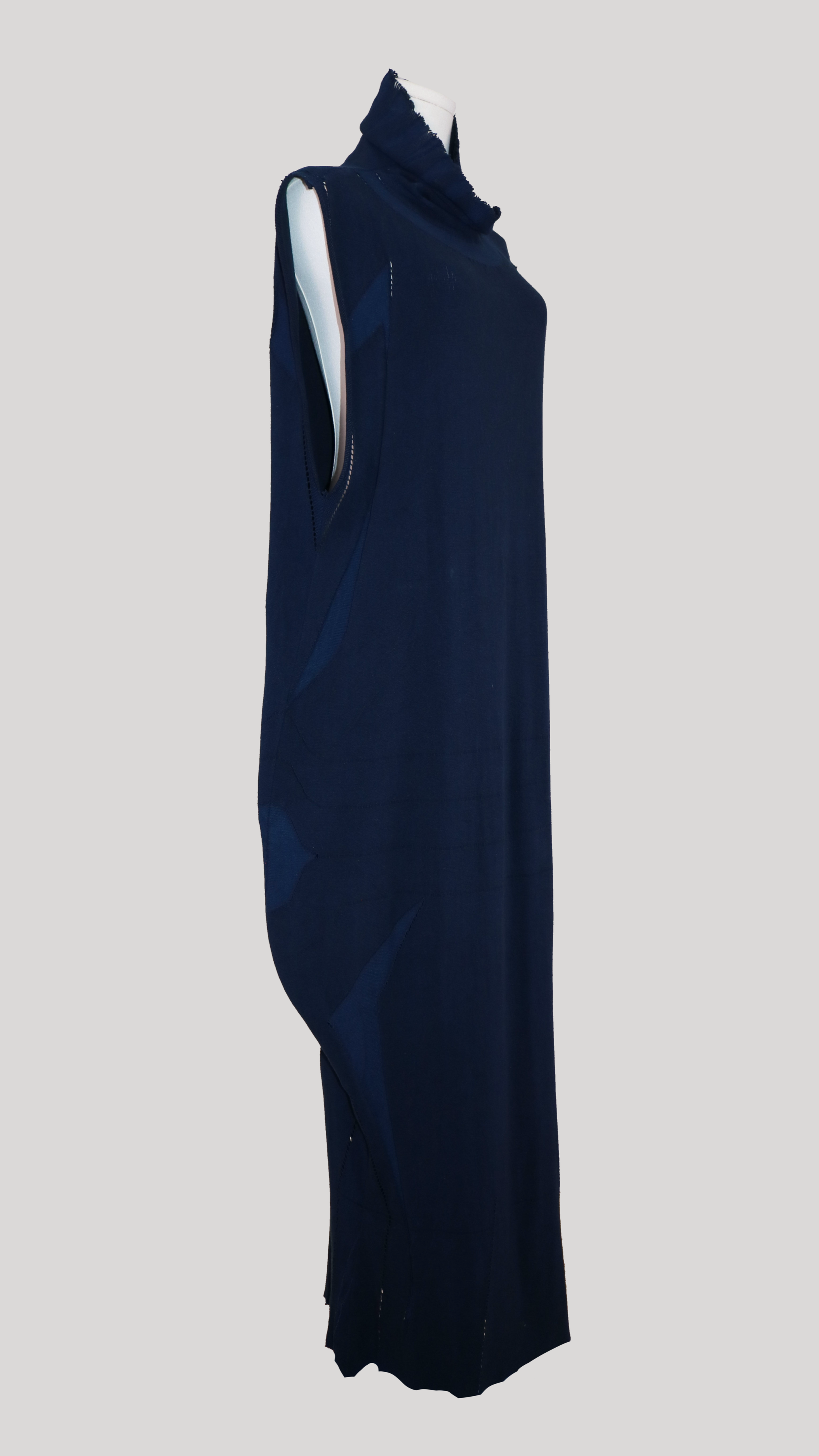 left view of navy issey miyake APOC column dress on dress form
