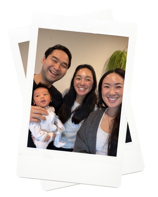 Birth and postpartum doula Jamee Leann Vasquez smiles with her clients and their baby in Willow Glen, California.