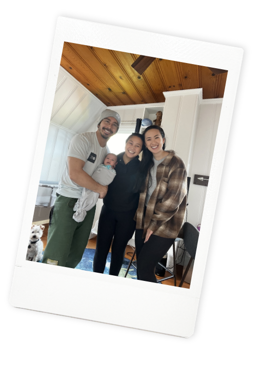 A family poses with Jamee Leann Vasquez, who they hired as a daytime postpartum doula in San Jose, California.