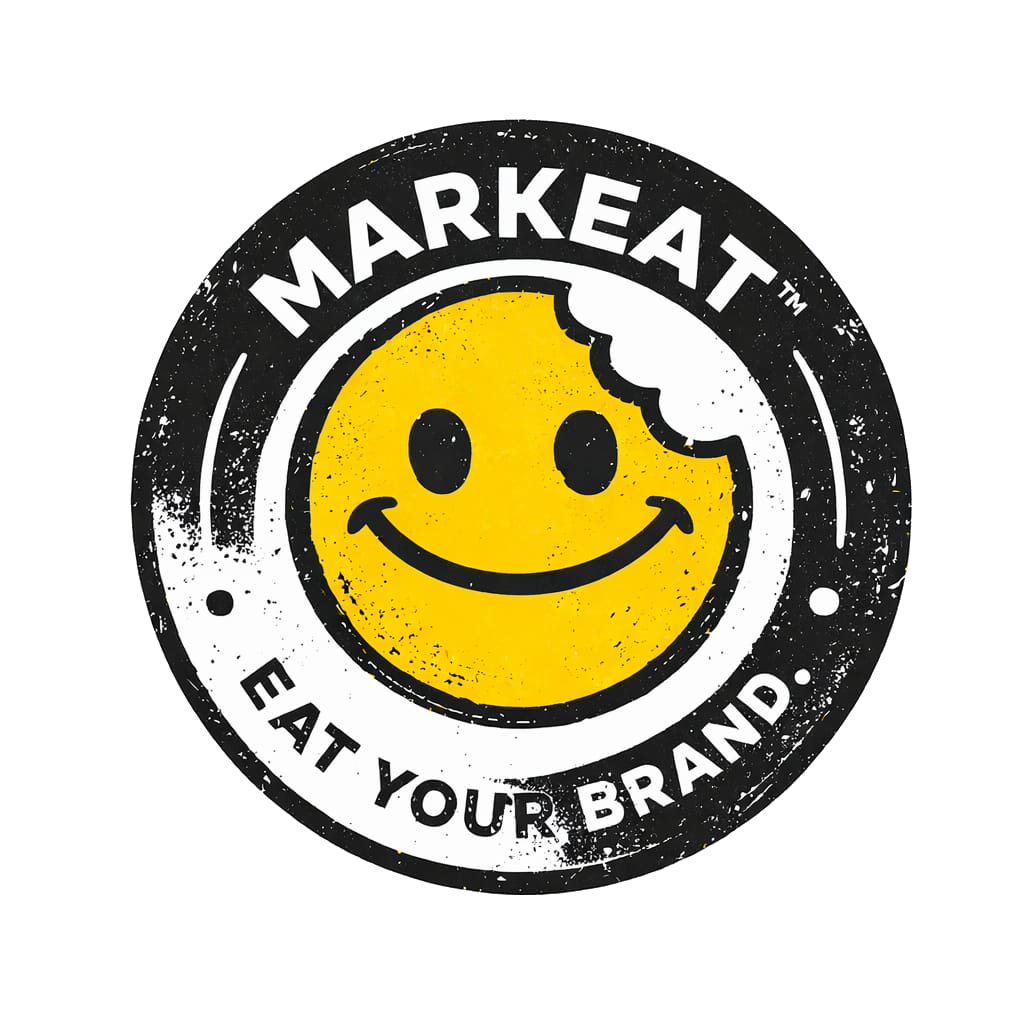 Logo circolare con un sorriso giallo con un morso sulla parte superiore sinistra e il testo 'MARKET' sopra e 'EAT YOUR BRAND' sotto, in stile vintage.