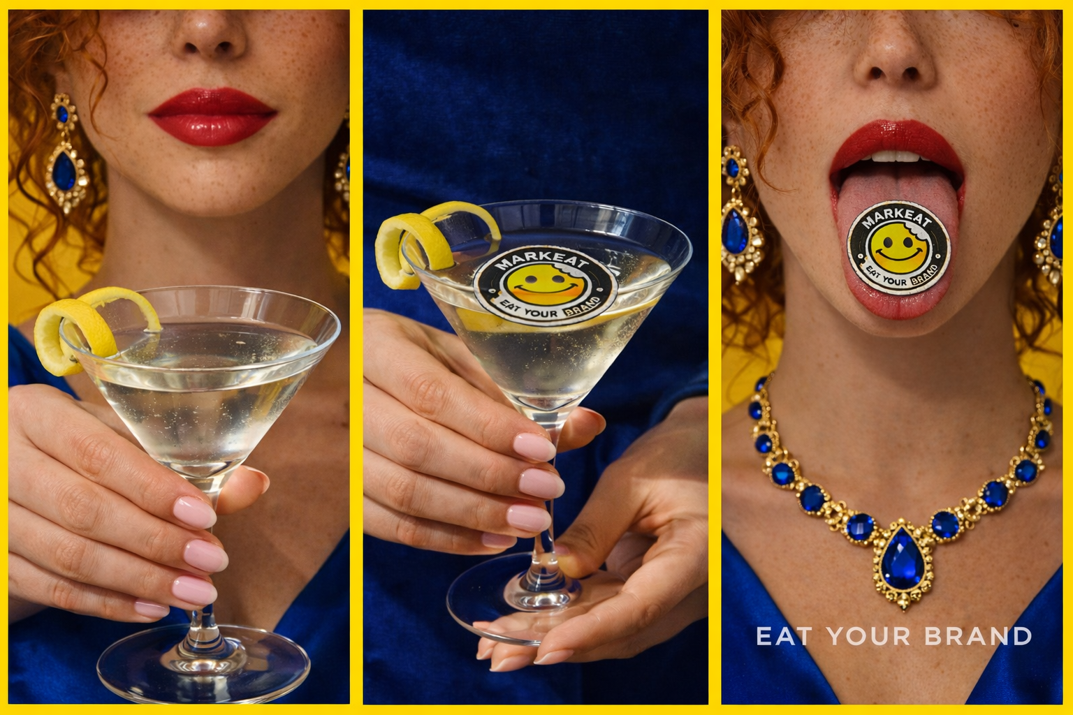 Donna con labbra rosse e orecchini dorati e blu tiene un bicchiere di cocktail con fetta di limone, il logo 'Markeat' con faccina sorridente è visibile sul bicchiere, e nella terza immagine la donna mostra la lingua con il logo 'Markeat' mentre indossa una collana blu.