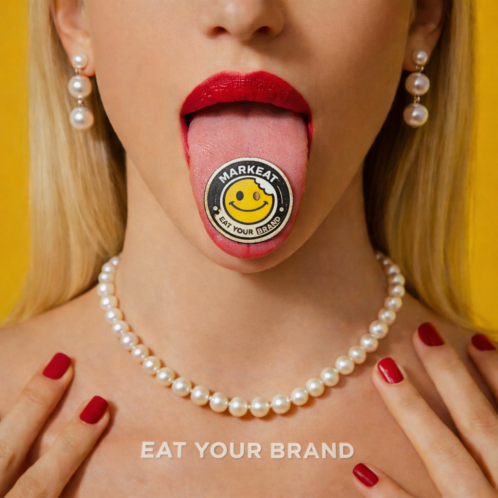 Donna con labbra rosse, orecchini di perle, collana di perle, lingua fuori con una piccola cialda alimentare sulla lingua che dice 'MARKEAT' con l'immagine di un viso sorridente e la scritta 'EAT YOUR BRAND'. dando identità al brand