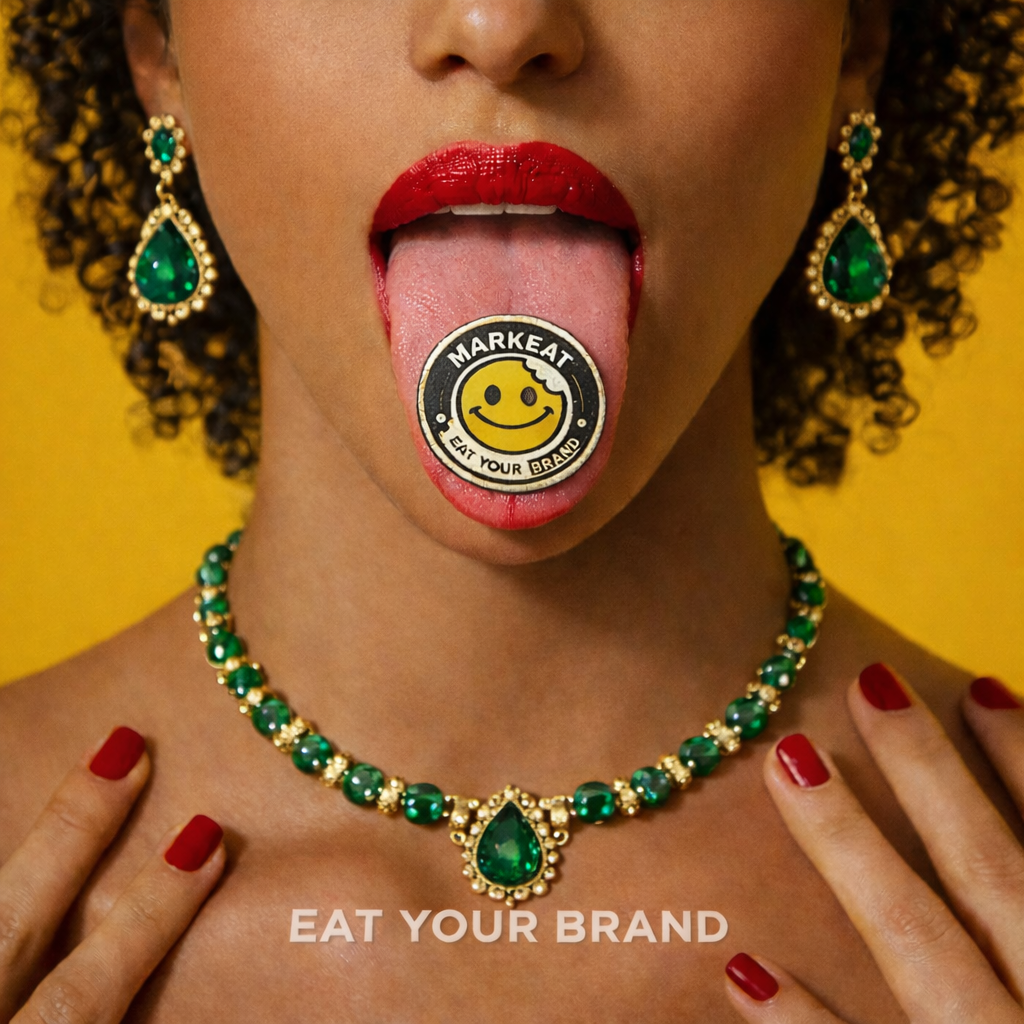 Una donna con labbra rosse, orecchini verdi e collana abbinata tiene la lingua fuori, che sostiene con la lingua una cialda alimentare con logo 'MARKEAT' e 'EAT YOUR BRAND'.