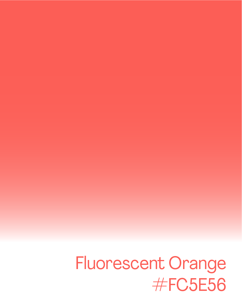 Gradient background shifting from coral to light pink with text that says 'Fluorescent Orange #FC5E56' at the bottom.