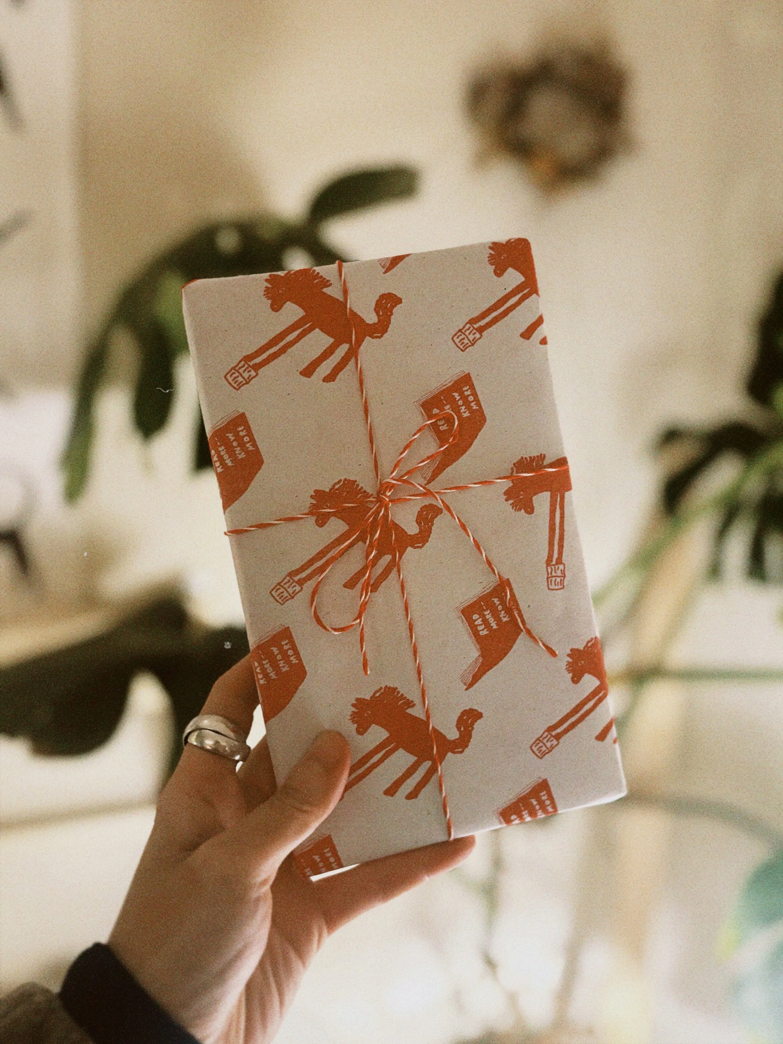 A person holding a rectangular gift box wrapped in white paper with orange illustrations of a lion holding a fork. The box is tied with an orange and white striped string, and the person is wearing a silver ring on their left ring finger.