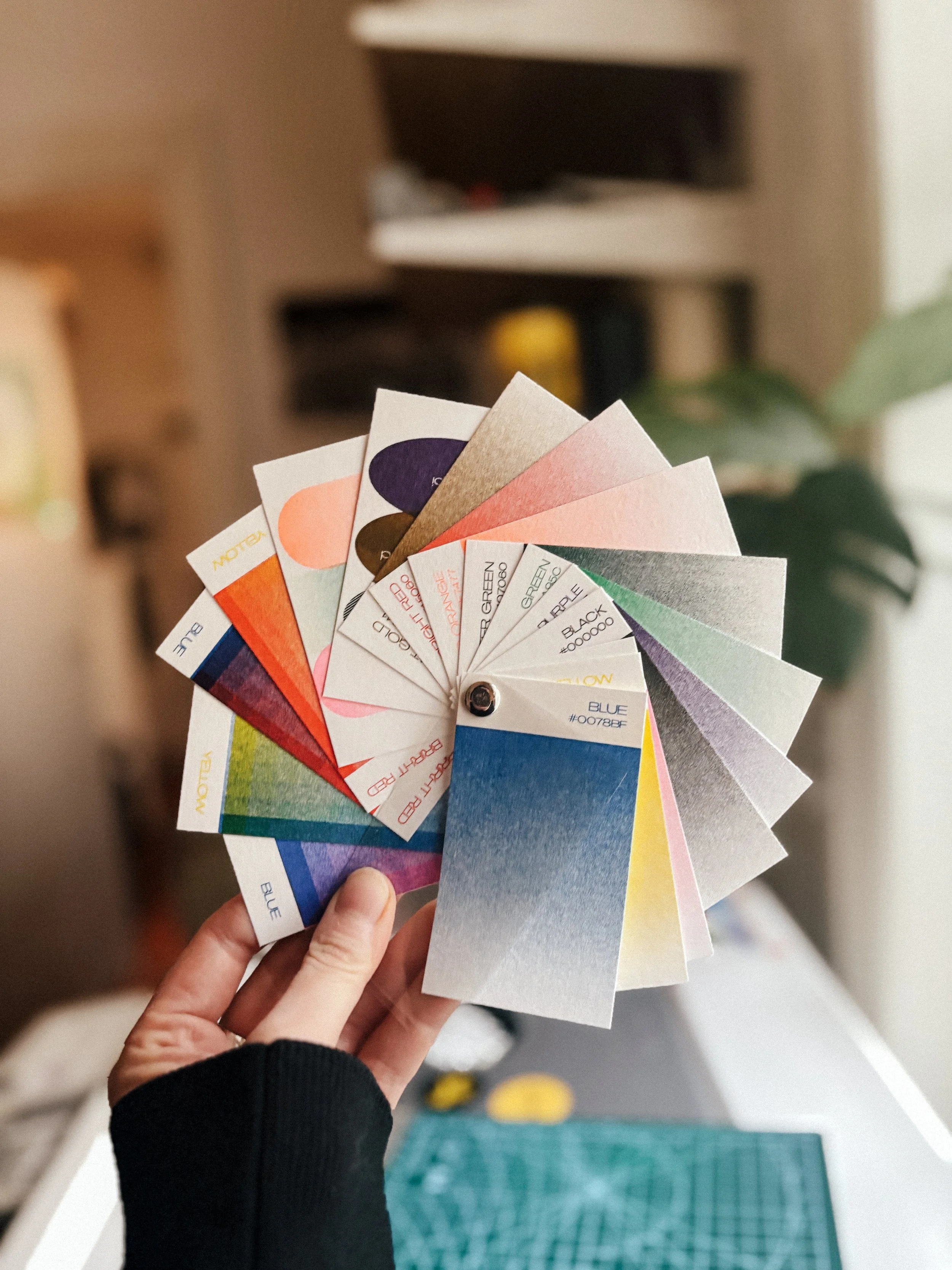 Hand holding a fan of paint color samples with various colors and names visible, indoor setting with shelves and a plant in the background.
