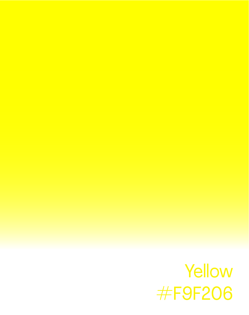 A yellow color sample with a gradient fading to white at the bottom, labeled with the color name 'Yellow' and hex code '#F9F206'.