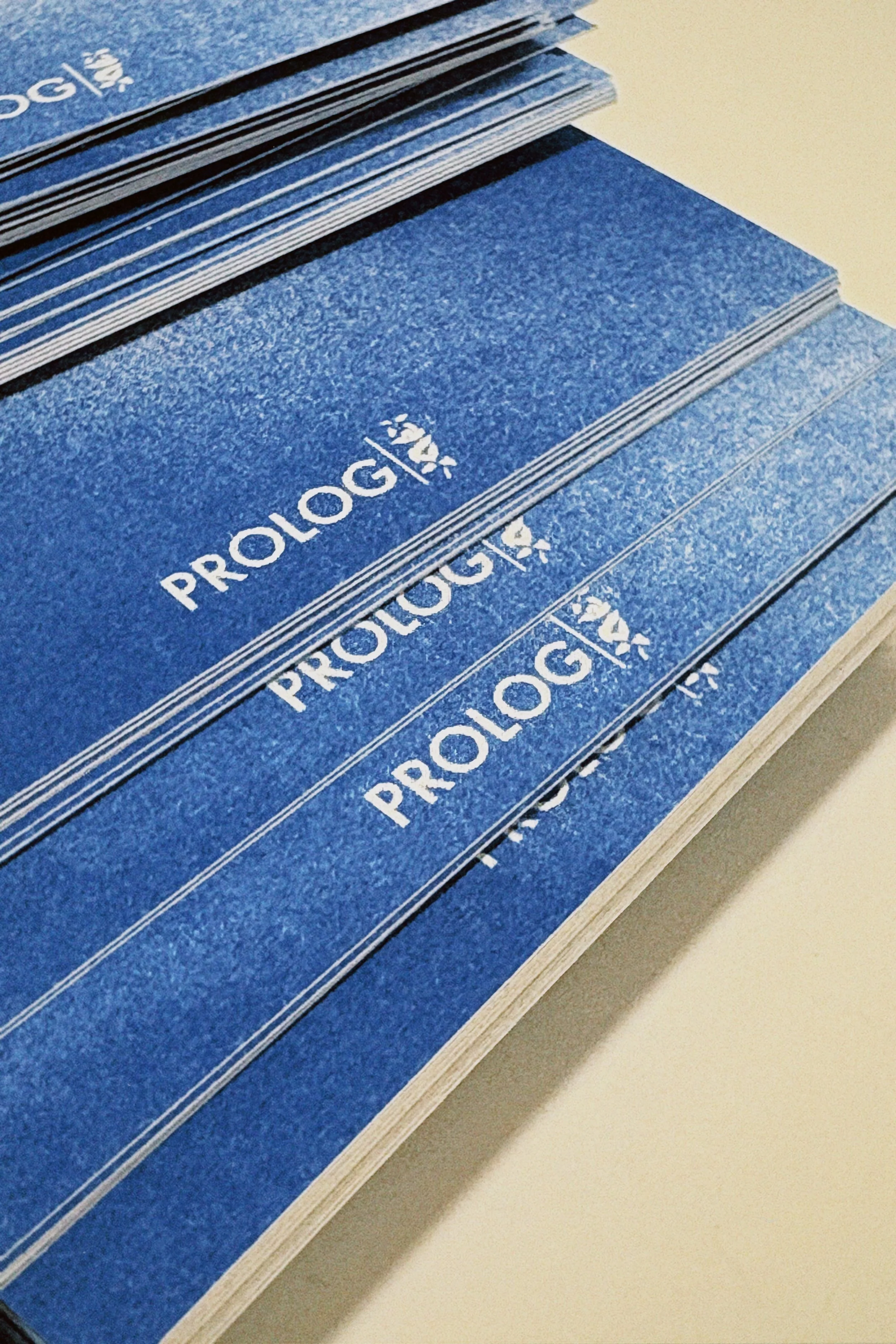 Stack of blue notarized documents with white text and logos, arranged on a white surface.