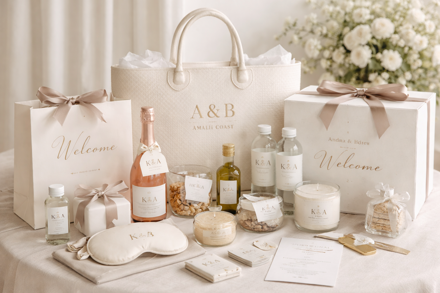Wedding gift and welcome items on a table, including gift bags, bottles, candles, a sleep mask, and decorative boxes, with flowers in the background.