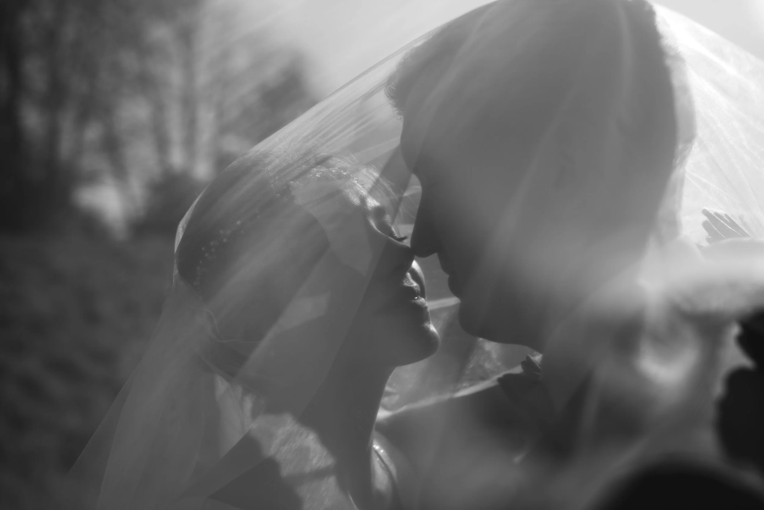 A black and white photo of two people in close proximity, possibly about to kiss, with one person wearing a transparent face shield. The background is blurred with trees or foliage.