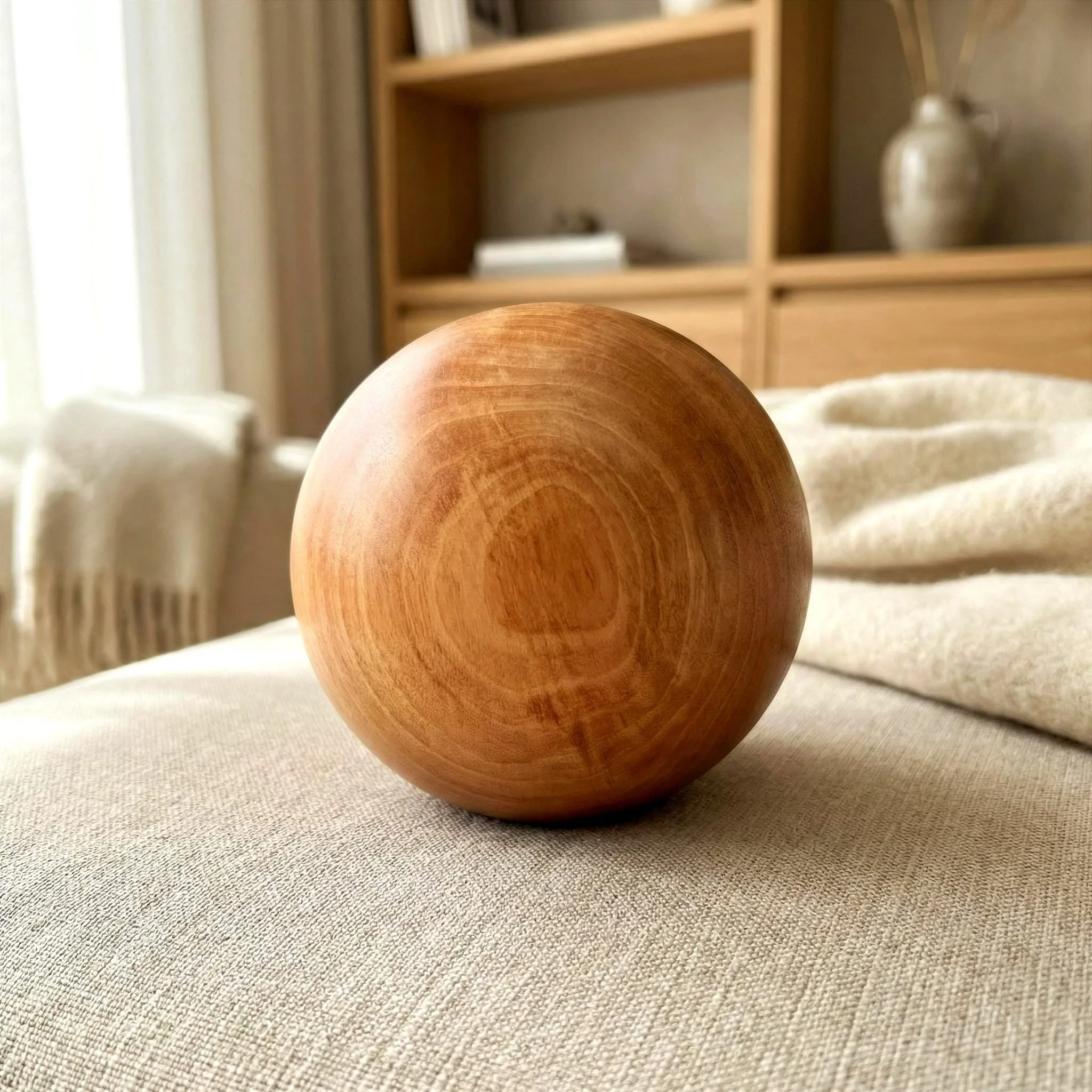 Birnenholz‑Kugel als ruhiges Designobjekt im modernen Wohnraum