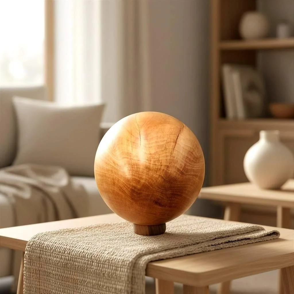 Birnenholz‑Kugel als ruhiges Designobjekt im modernen Wohnraum