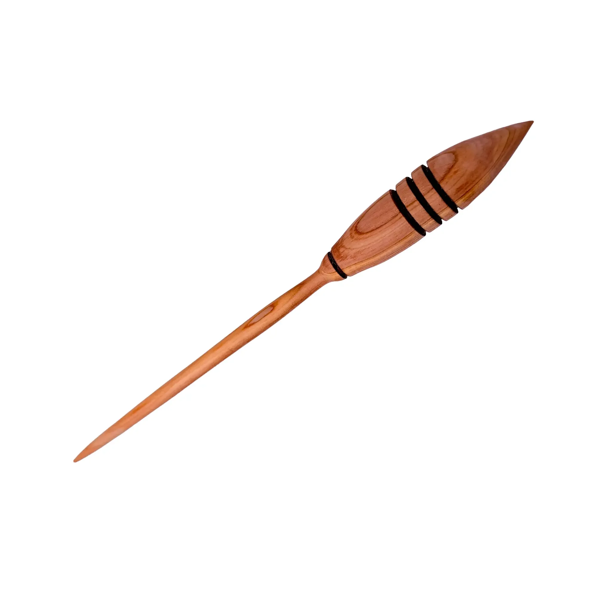 Detailed angled view of a handcrafted Austrian juniper support spindle designed for fine yarn spinning.