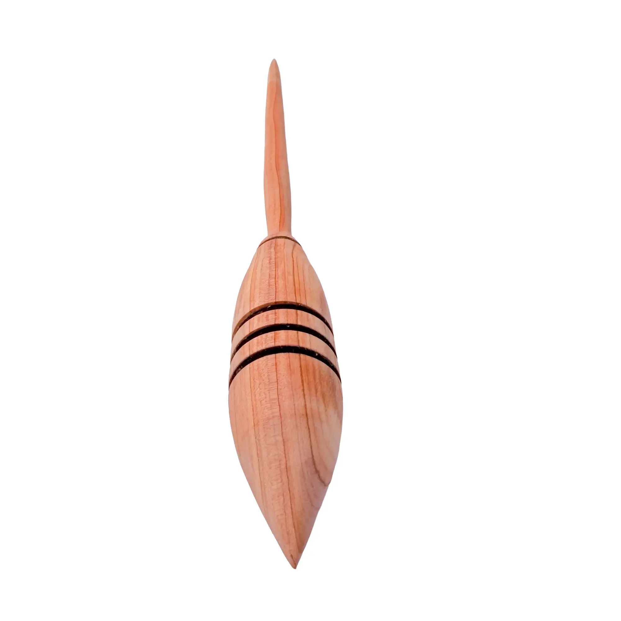 Front view of a one-of-a-kind Austrian juniper support spindle handcrafted for smooth and controlled supported spinning.