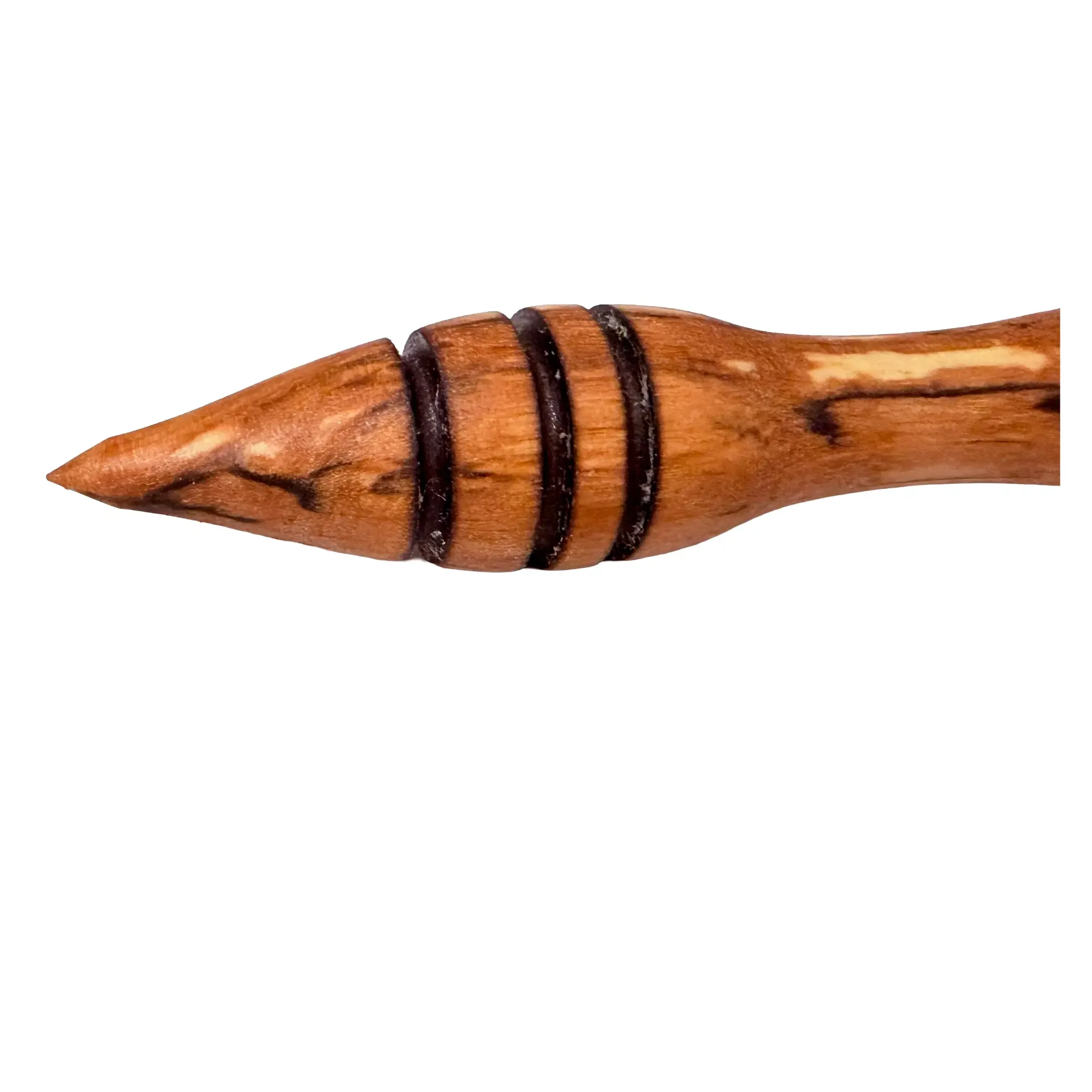 Close-up of an apple wood support spindle with decorative accent rings and naturally figured wood grain.