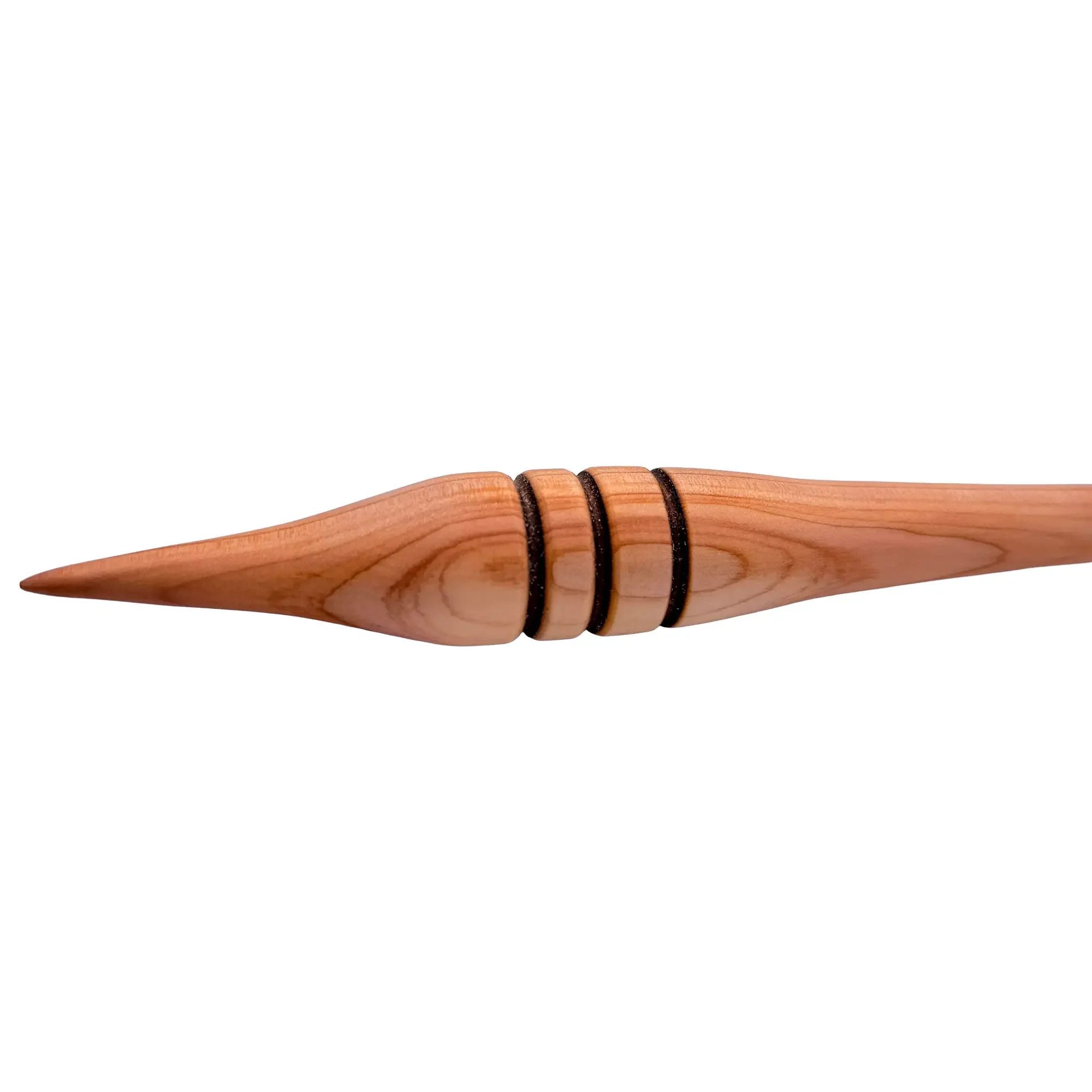 Hand turned Austrian juniper support spindle with decorative accent rings.
