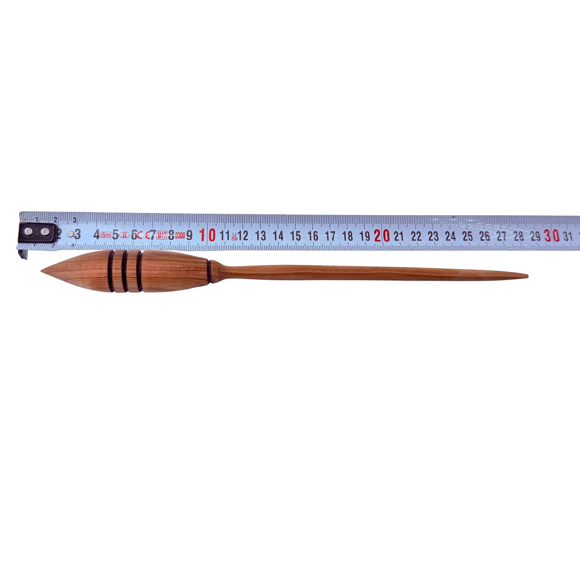 Measurement of the Austrian juniper support spindle showing an approximate length of 29 cm.