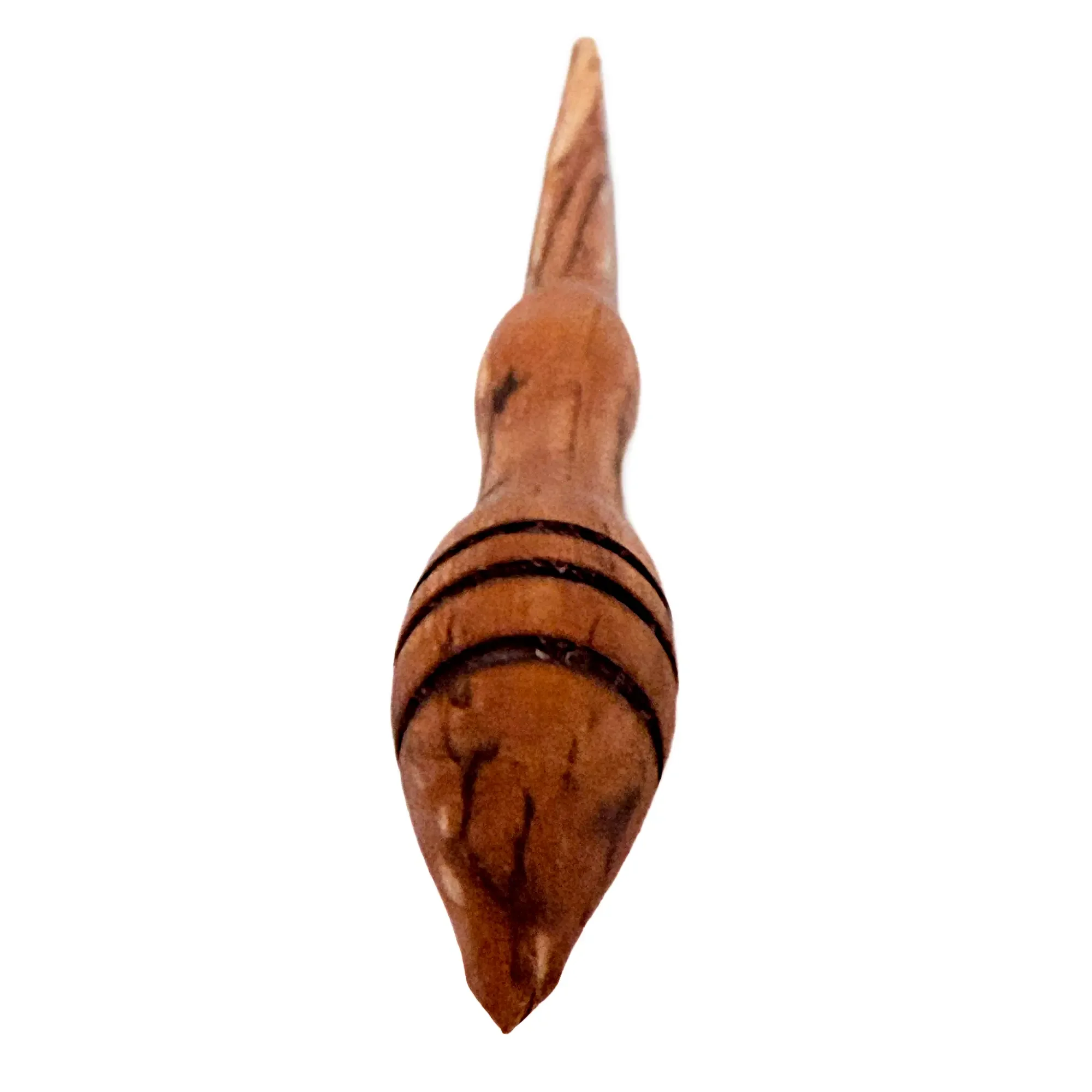 Front view of a one-of-a-kind Austrian apple wood support spindle handcrafted for supported spinning.
