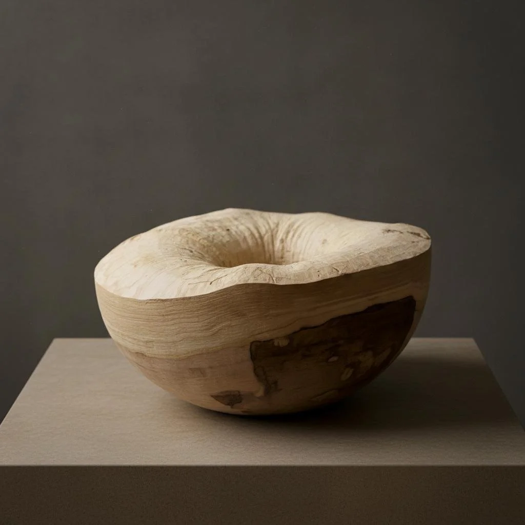 Handgefertigte Holzschale aus Naturholz mit unregelmäßiger, organischer Form und tiefer Ausarbeitung, freigestellt vor dunklem Hintergrund.