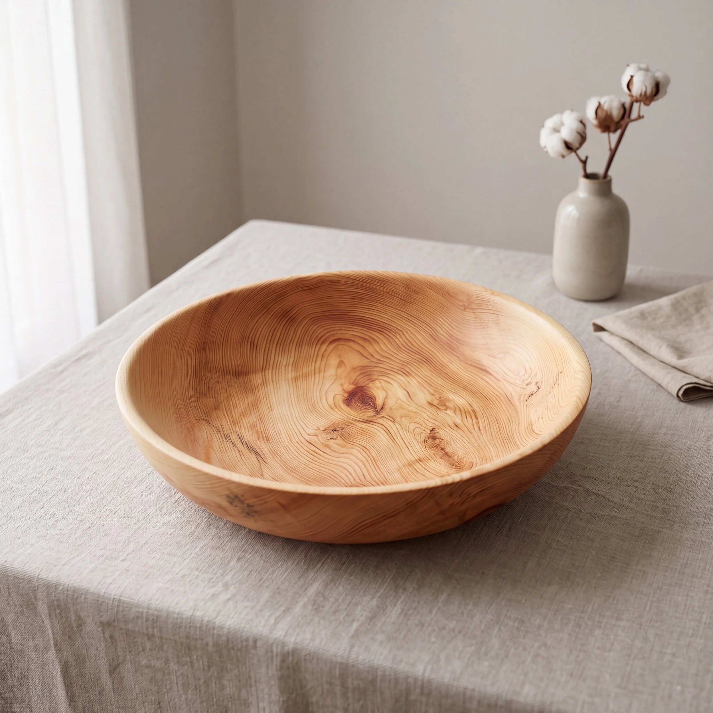 Zirbenholz Schale Ø37cm handgedrechselt aus österreichischen Holz  auf einem Leinentischtuch in Sankt Florian bei Linz
