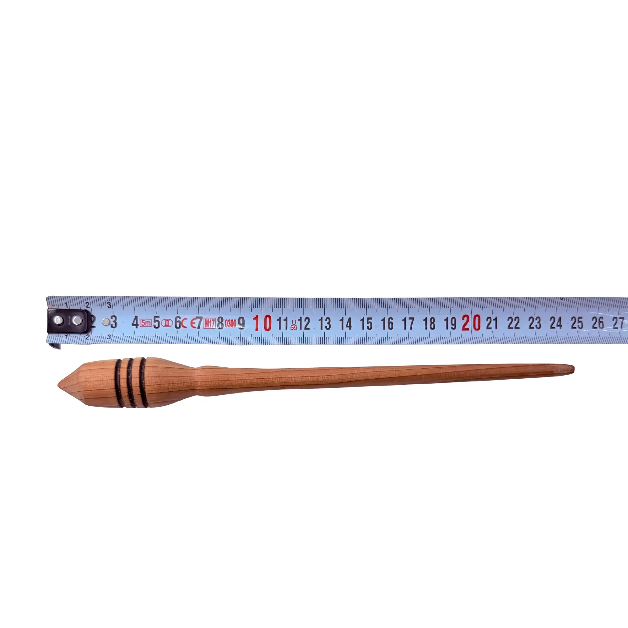 Austrian juniper support spindle with measurement scale showing overall length and proportions