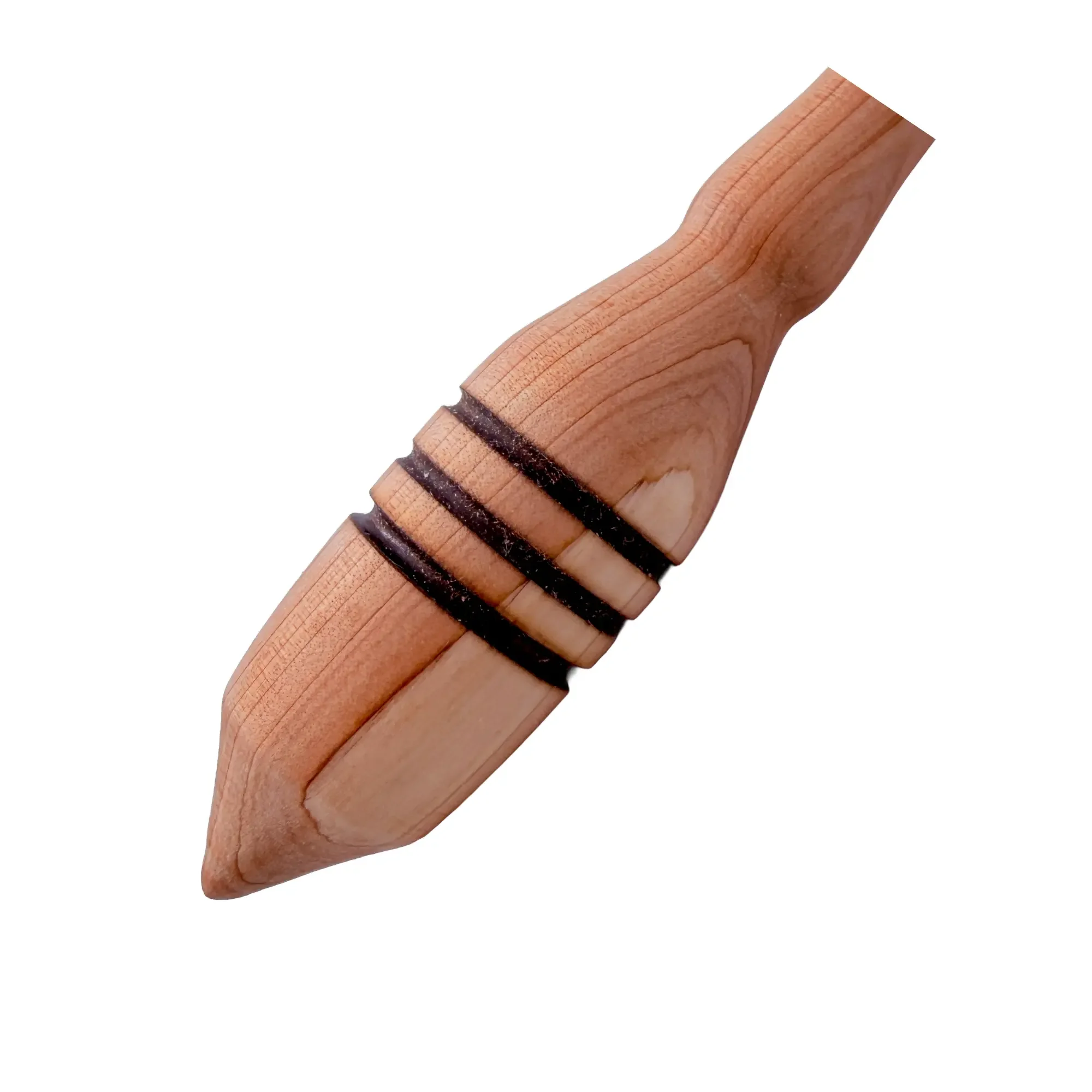 Detailed view of an Austrian juniper support spindle with decorative accent rings and natural grain.