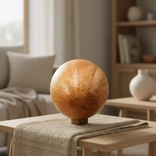 Holzkugel aus Naturholz als dekoratives Objekt auf einem Tisch im Wohnbereich