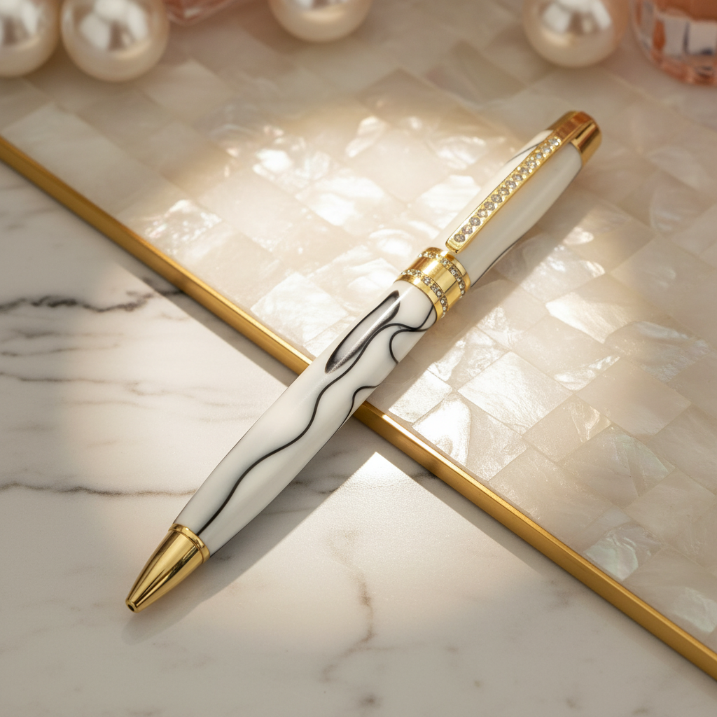 Eleganter Kugelschreiber mit weiß‑schwarzer Oberfläche und goldfarbenen Akzenten, liegend auf heller, strukturierter Unterlage.