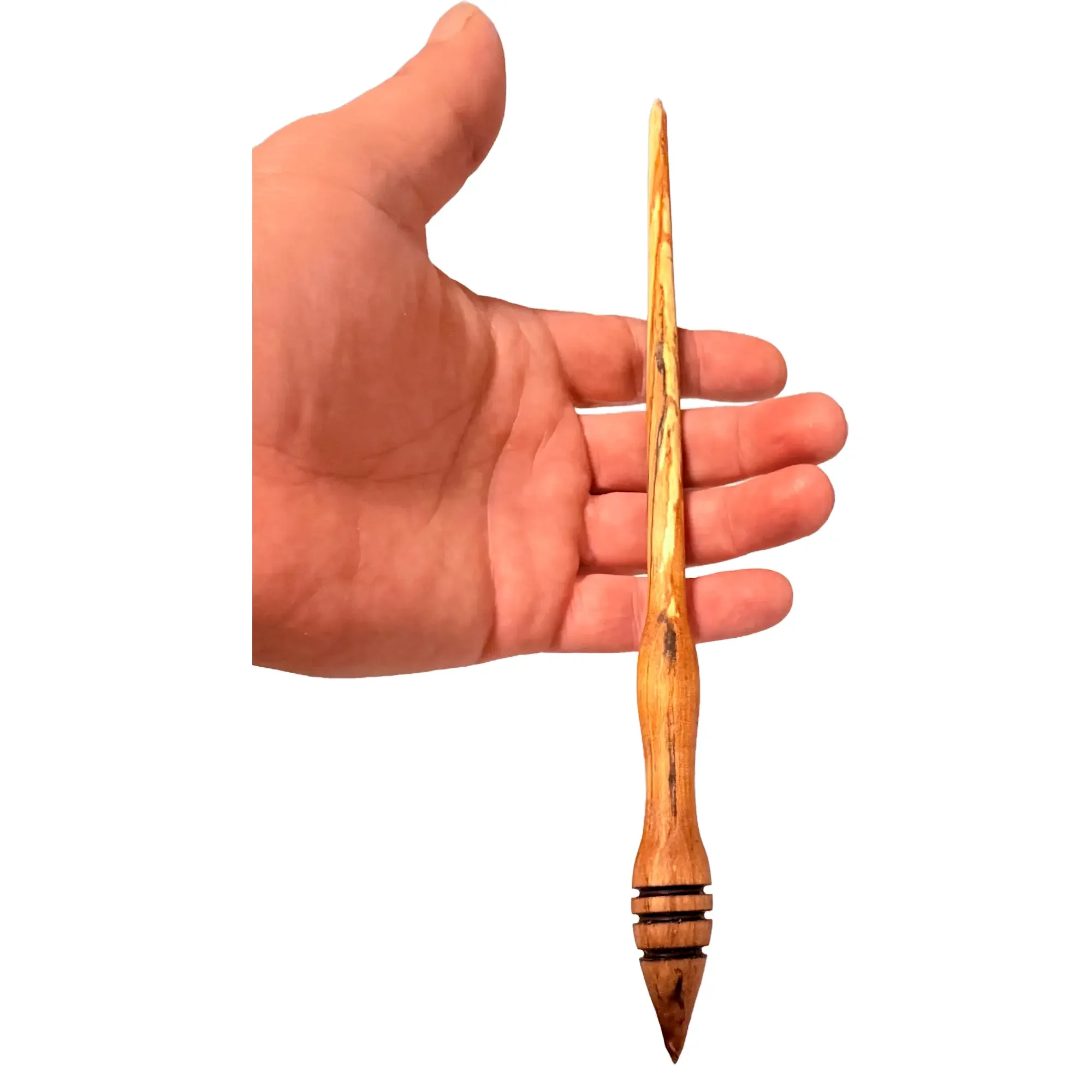 Austrian apple wood support spindle shown in hand to demonstrate its lightweight design and slender profile.