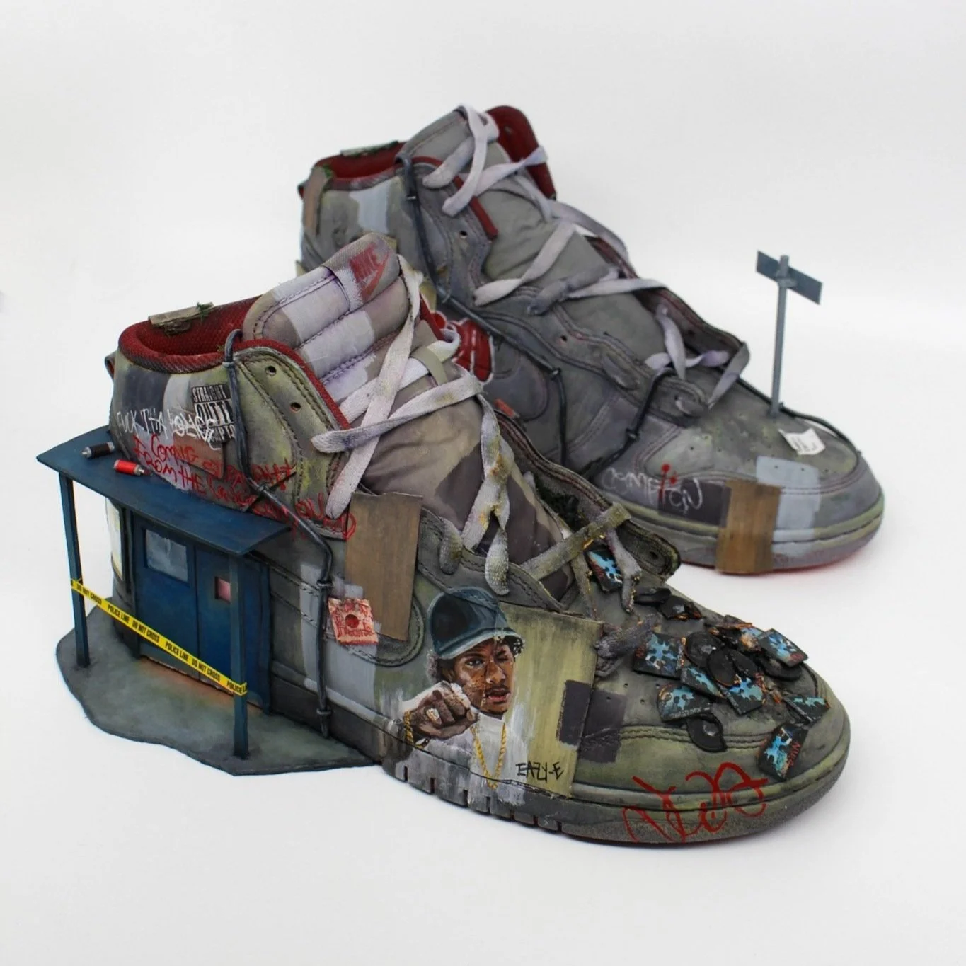 Image of NWA themed sneaker artwork with graffiti and miniature features.