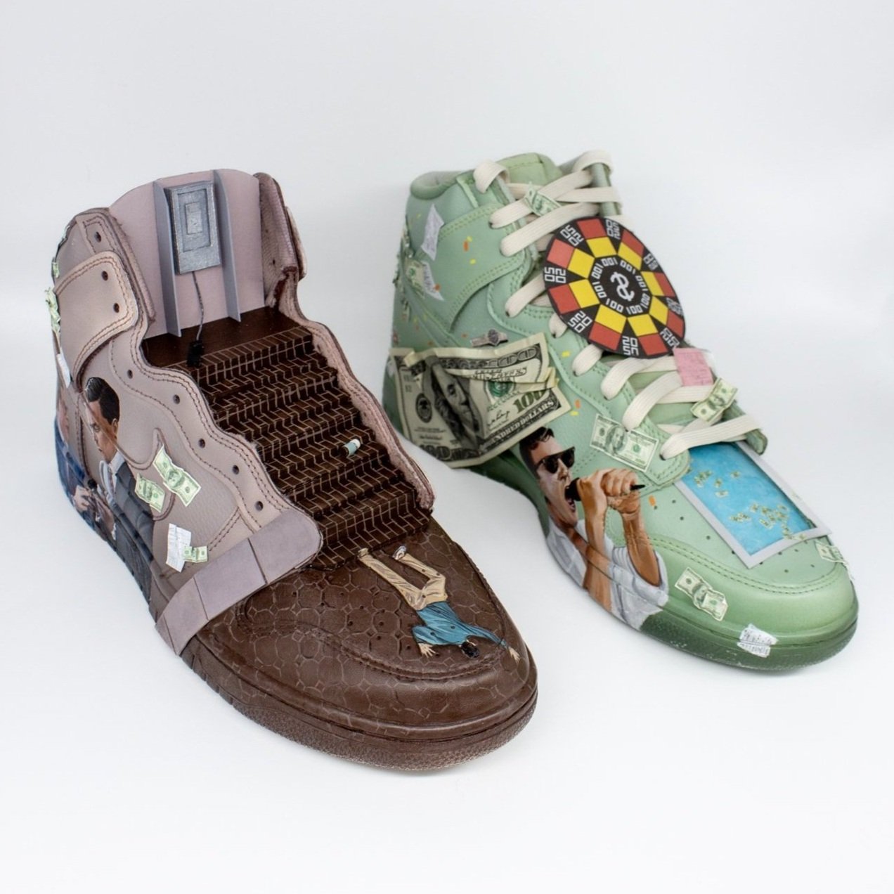 Wolf of Wall Street theme sneakers featuring 3D elements and movie-inspired motifs, depicting scenes and objects such as poker chips, dollar bills, and character images, with one brown and one green shoe.