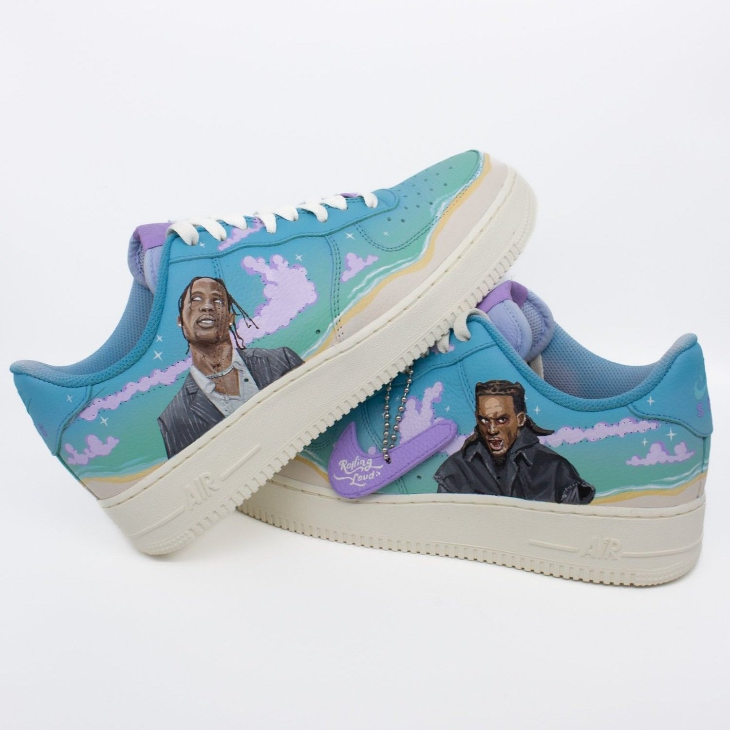 Blue sneakers with custom artwork of performers for Rolling Loud Portugal.