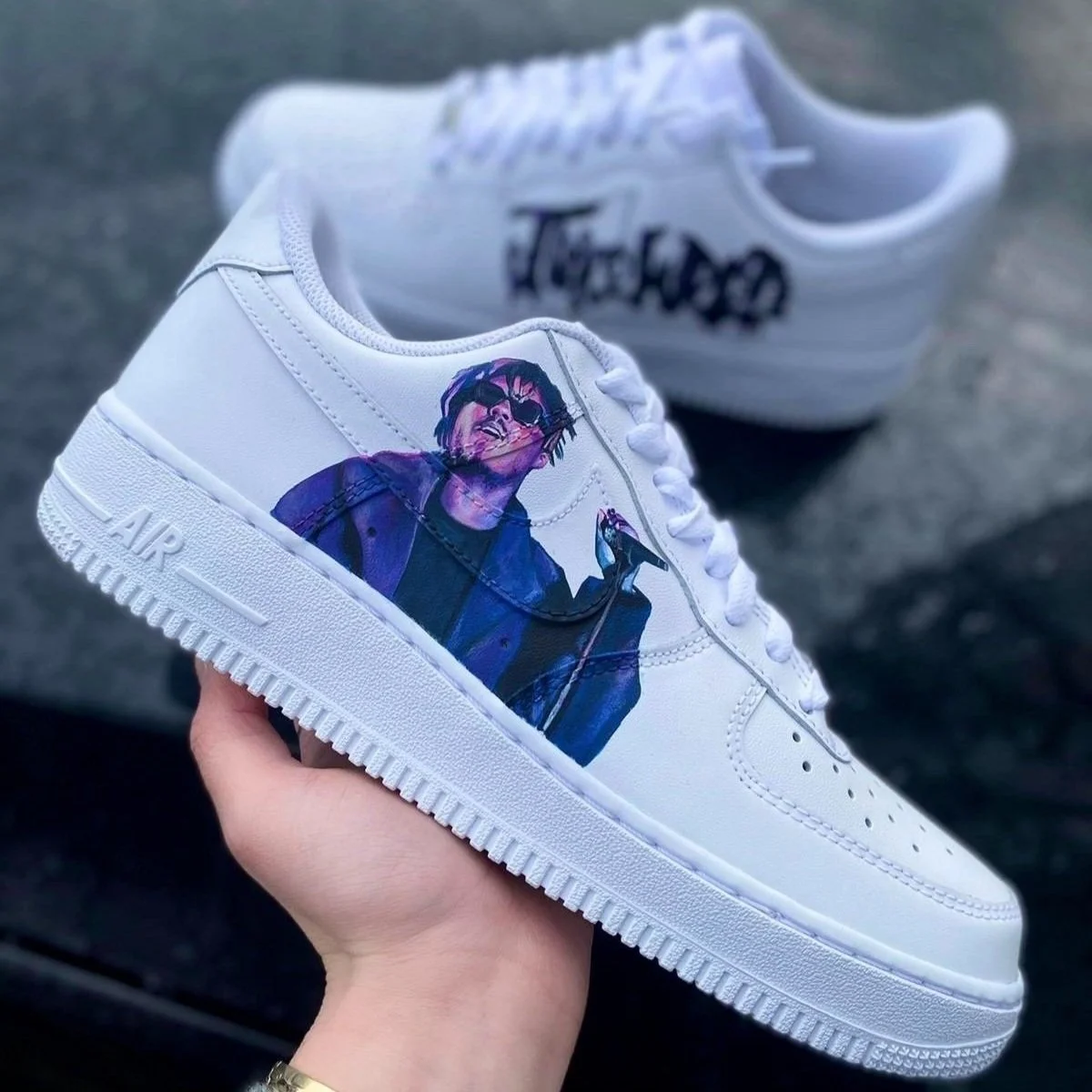 Custom white sneaker with colorful illustrated design of a person