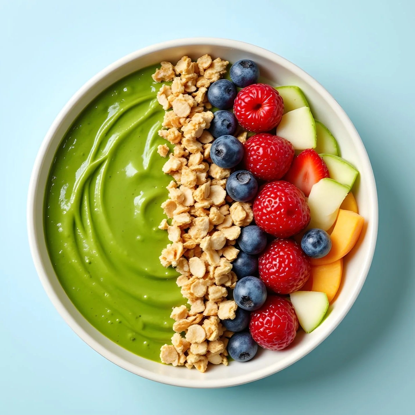 A bowl of green smoothie topped with chopped nuts, blueberries, strawberries, melon, honey dew, and sliced cucumbers on a light blue background.