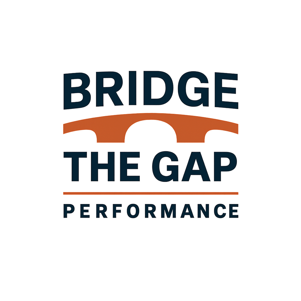 Logo for the Bridge the Gap Performance with a stylized bridge in orange above the text.