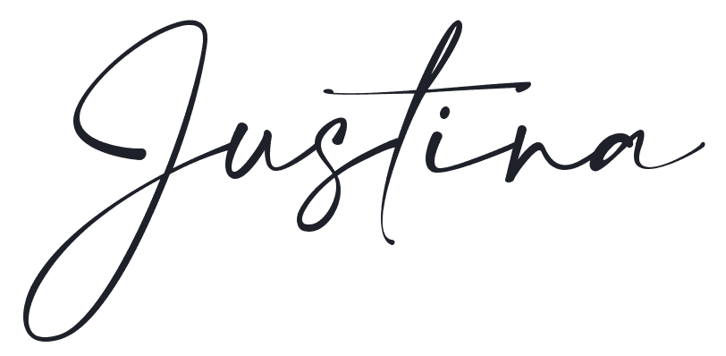 The image displays the name 'Justina' written in black cursive script on a dark background.