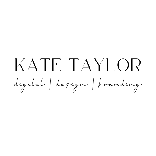 Business card with the name Kate Taylor, specialising in digital design and branding, on a white background.