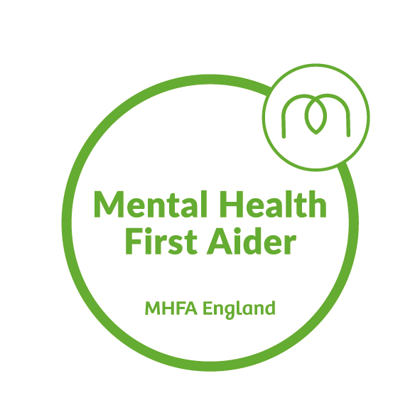 Green circular badge with a stethoscope icon at the top right, reading 'Mental Health First Aider' and 'MHFA England' in the centre.
