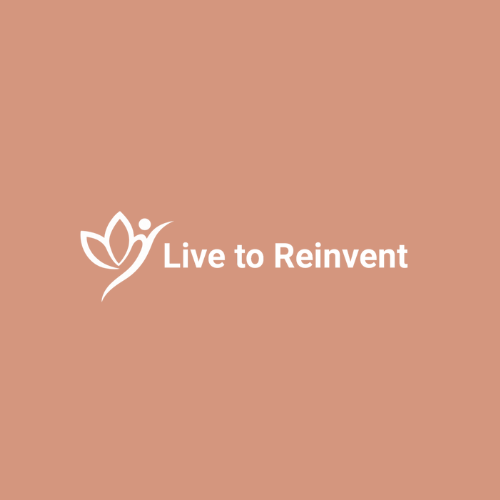 A logo with a stylized flower and the text 'Live to Reinvent' on a light brown background.