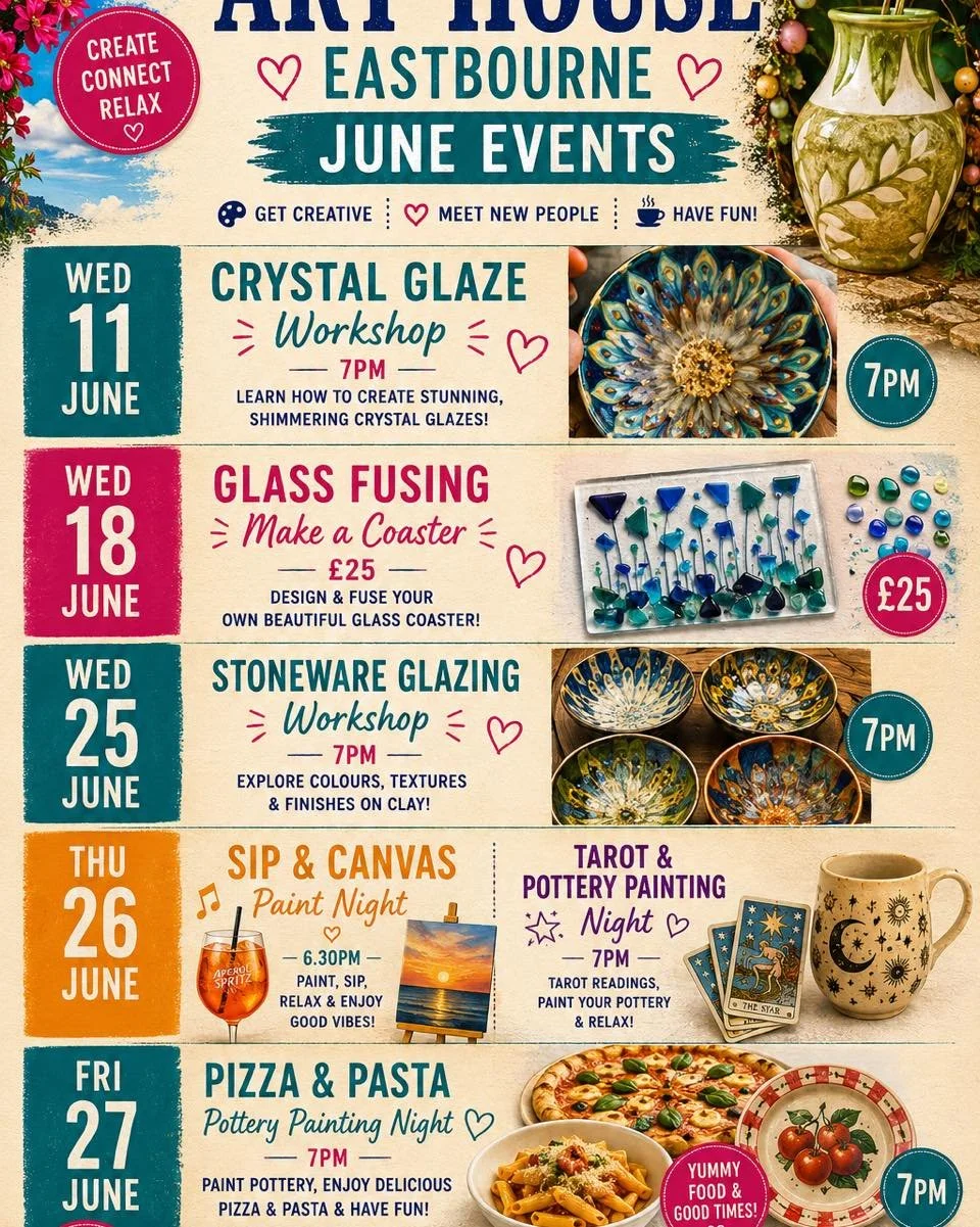 🎨✨ ART HOUSE EASTBOURNE &ndash; JUNE EVENTS ✨🎨

Looking for something creative this June? Join us for a month packed with pottery, painting, glazing, glass fusing and magical evenings at Art House Eastbourne!

🌟 WED 11 JUNE &ndash; Crystal Glaze W