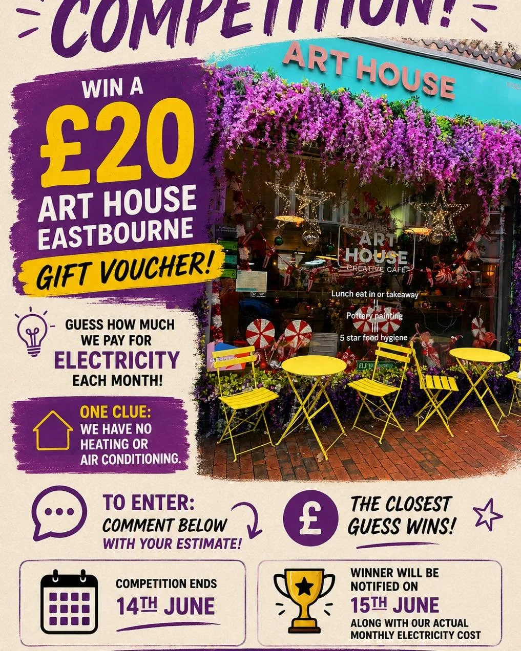 🎨 ART HOUSE EASTBOURNE COMPETITION! 🎨

Win a &pound;20 Art House Eastbourne Gift Voucher by guessing how much we pay for our electricity each month!

💡 One clue: We have no heating or air conditioning.

📝 To enter: Comment below with your estimat