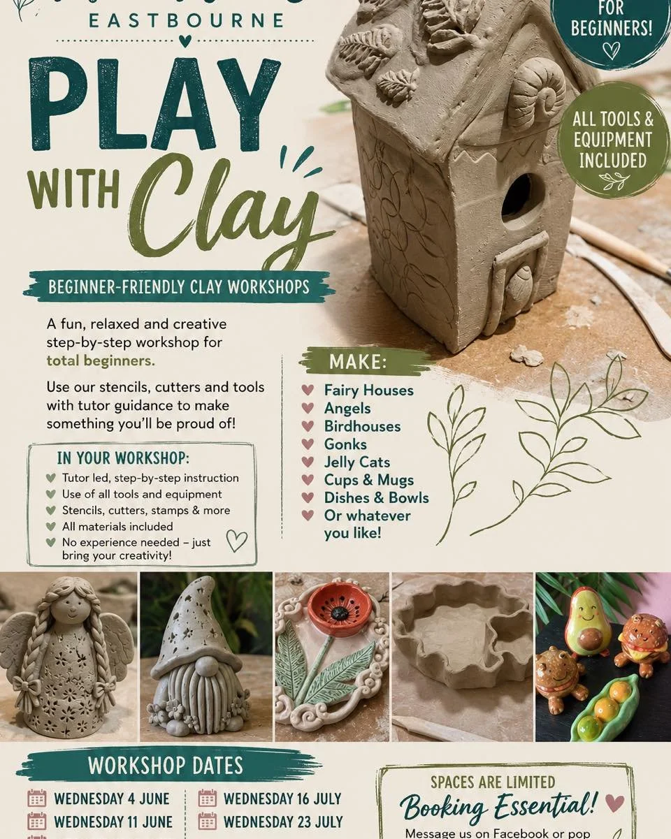 🎨 ART HOUSE EASTBOURNE

PLAY WITH CLAY

Beginner-Friendly Clay Workshops

🏺 Never worked with clay before? Perfect!

Our popular Play With Clay workshops are designed especially for complete beginners. Learn step-by-step hand-building techniques wi