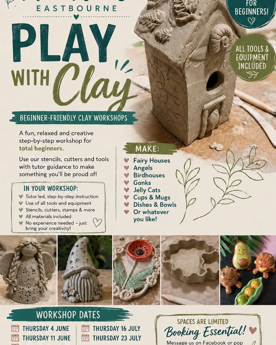🎨 ART HOUSE EASTBOURNE

PLAY WITH CLAY

Beginner-Friendly Clay Workshops

🏺 Never worked with clay before? Perfect!

Our popular Play With Clay workshops are designed especially for complete beginners. Learn step-by-step hand-building techniques wi