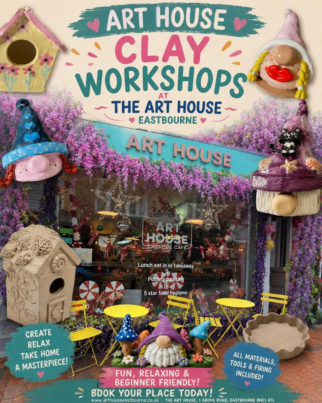 🎨 ART HOUSE EASTBOURNE

PLAY WITH CLAY

Beginner-Friendly Clay Workshops

🏺 Never worked with clay before? Perfect!

Our popular Play With Clay workshops are designed especially for complete beginners. Learn step-by-step hand-building techniques wi