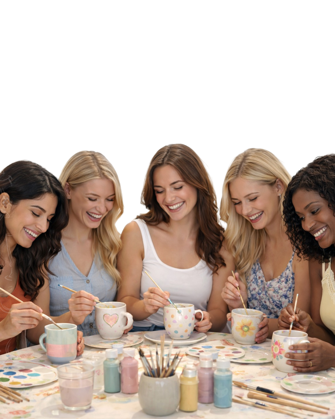 Six women sitting around a table, painting and decorating mugs with colorful designs and patterns, smiling and enjoying a creative activity together.