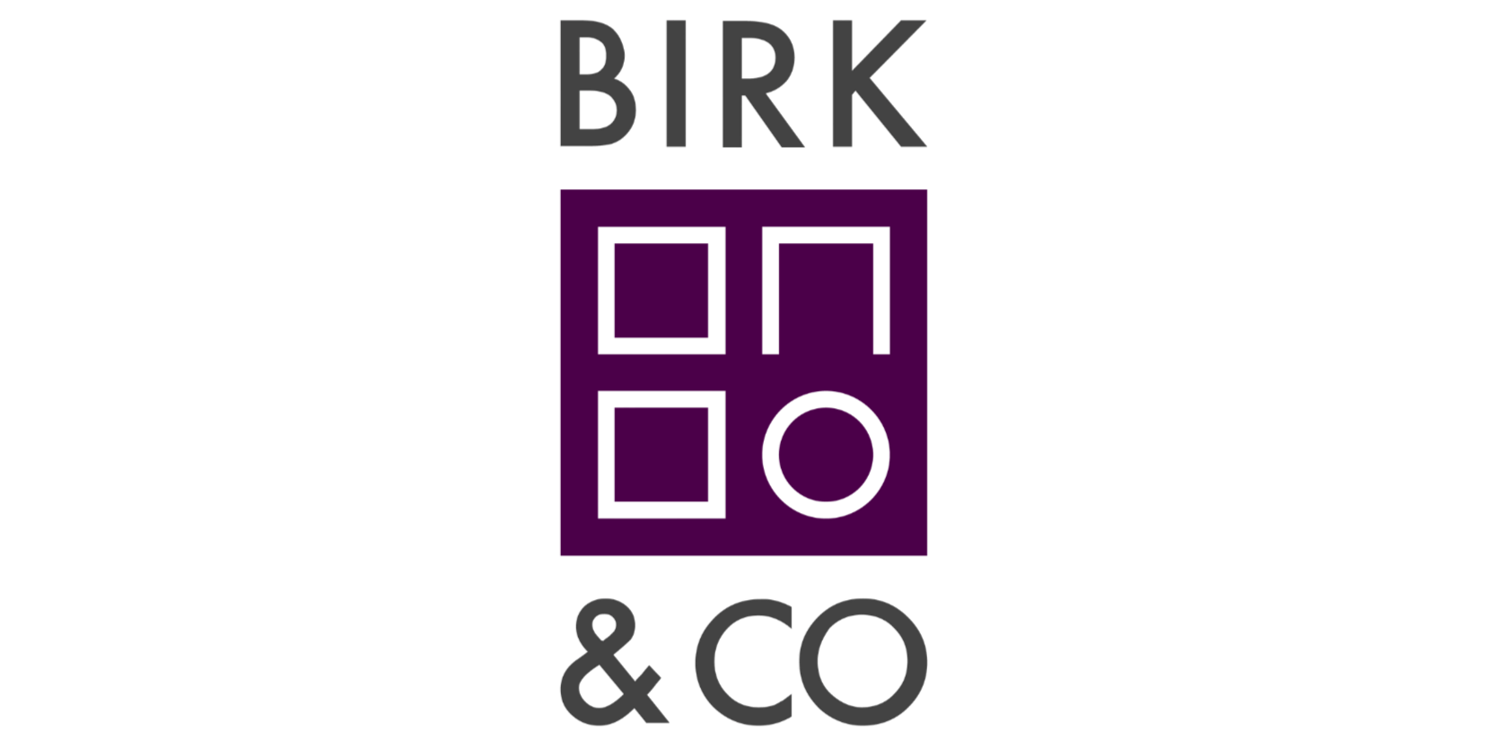 Logo for BIRK & CO med svarte og lilla elementer, inkludert tekst og en firkantet grafikk med tre kvadrater og en sirkel