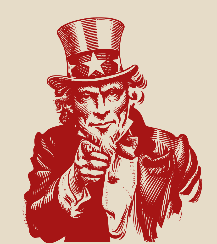 Illustration of Uncle Sam in red, wearing a tall hat with stars, pointing forward with a stern expression.