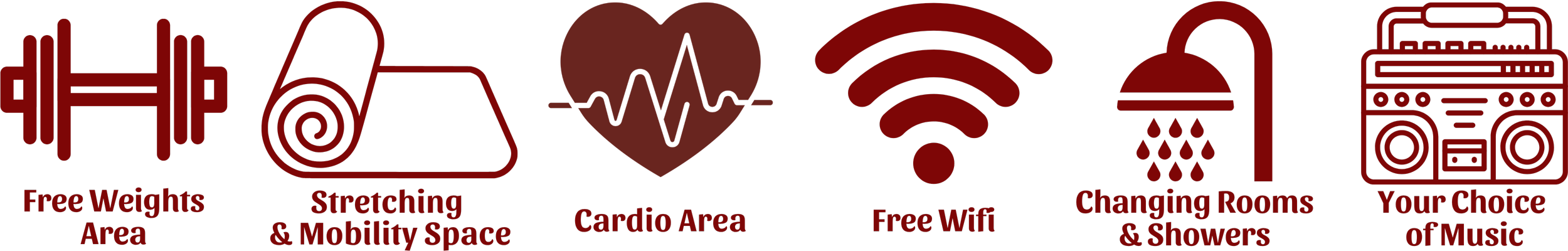 Icons with red outlines on a black background representing gym amenities: free weights area, stretching and mobility space, cardio area, free WiFi, changing rooms and showers, and music options.