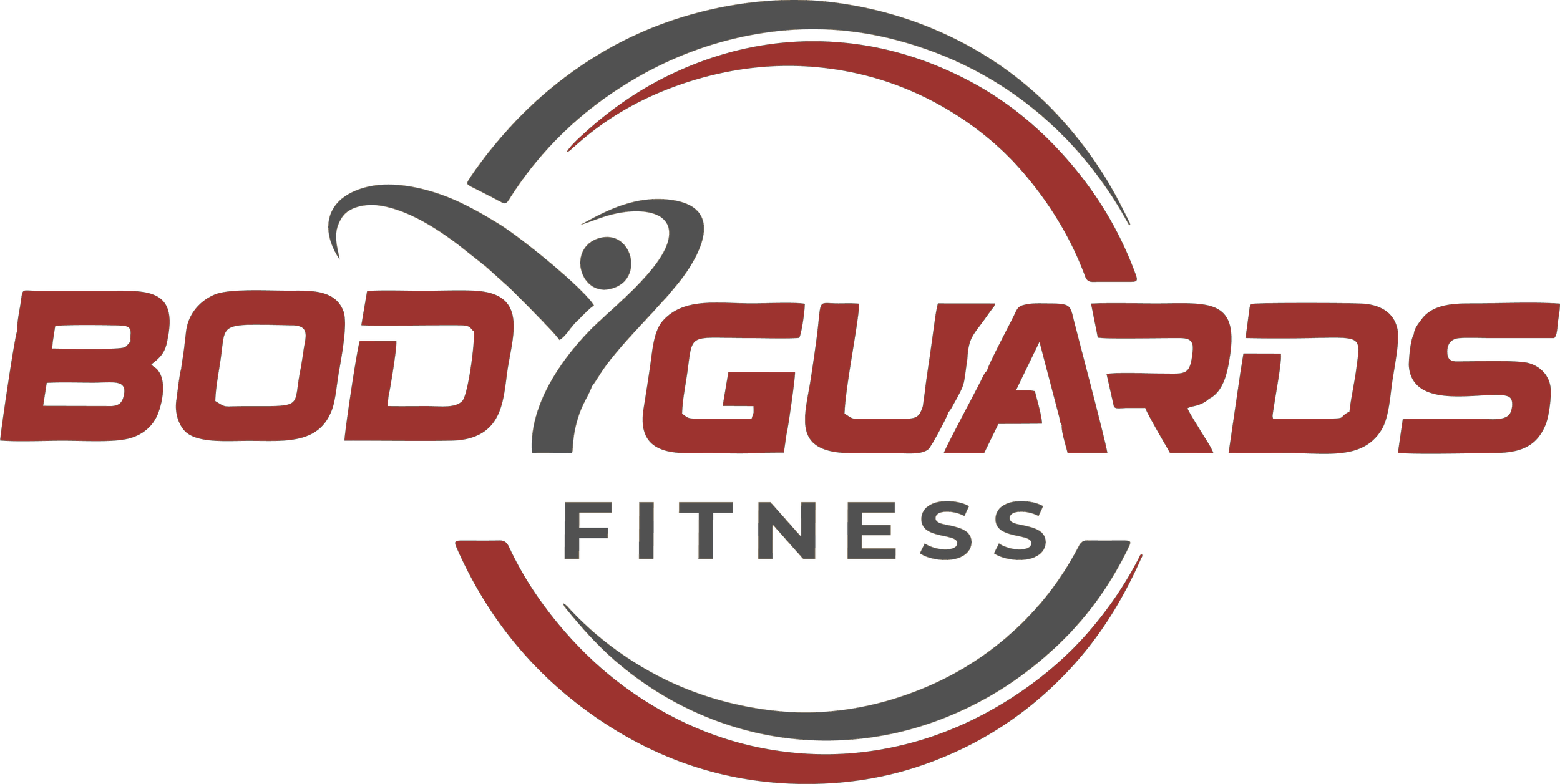 Logo for Body Gaurds Fitness featuring a stylized figure lifting weights, with red and gray circular design elements.