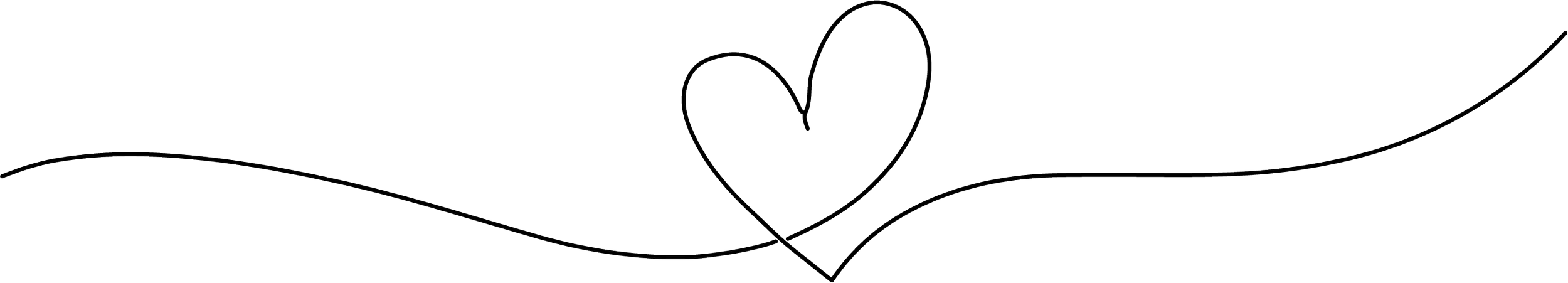A simple line drawing of a heart connected to a larger heart and a swooping line that resembles a flower or a butterfly wing.